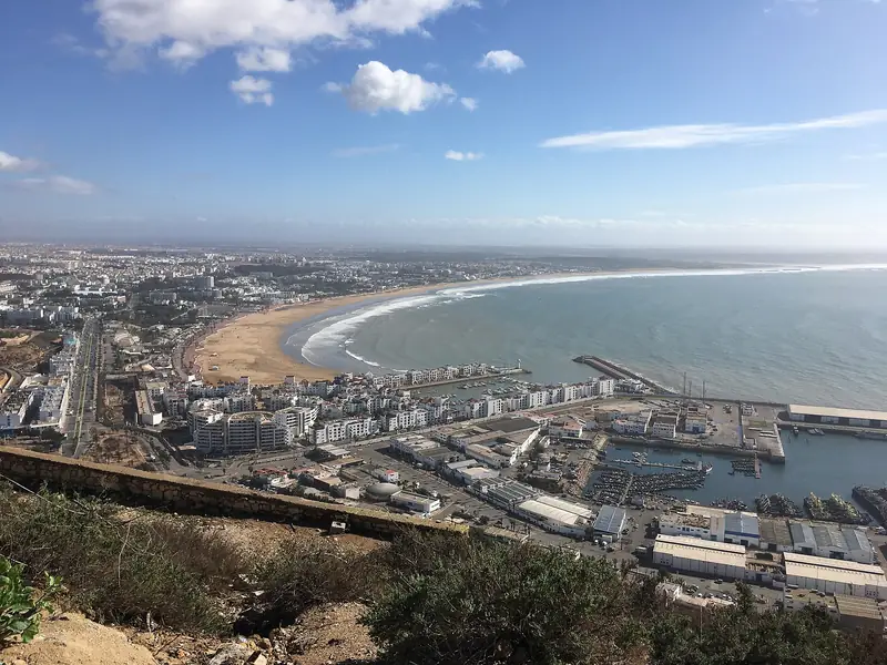 Agadir bay, the port and the long beach seen from the kasbah hill